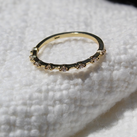 Sterling Silver Gold Band with Simulated Diamond Row - Picture 2 of 10